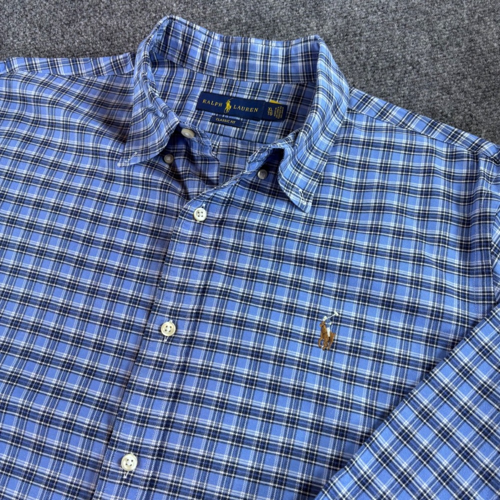 Ralph Lauren Button Down Shirt Mens XL Blue Plaid Classic Fit Cotton Long Sleeve